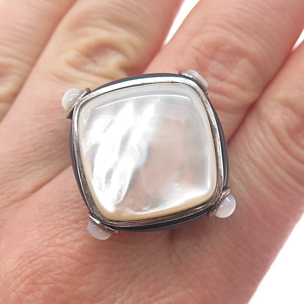 CID Clyde Duneier 925 Sterling Silver Vintage Real MOP & Black Onyx Ring Size 7